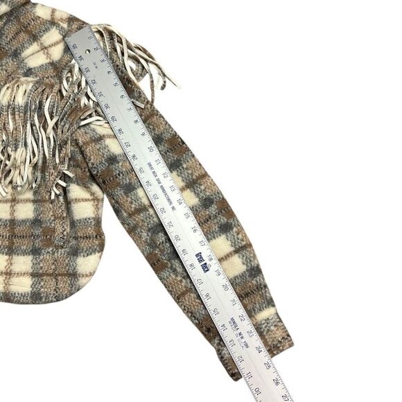 BLANK NYC Jacket WMNS L Beige Wool Blend Plaid Take Note Fringe Cropped Western - Picture 12 of 16